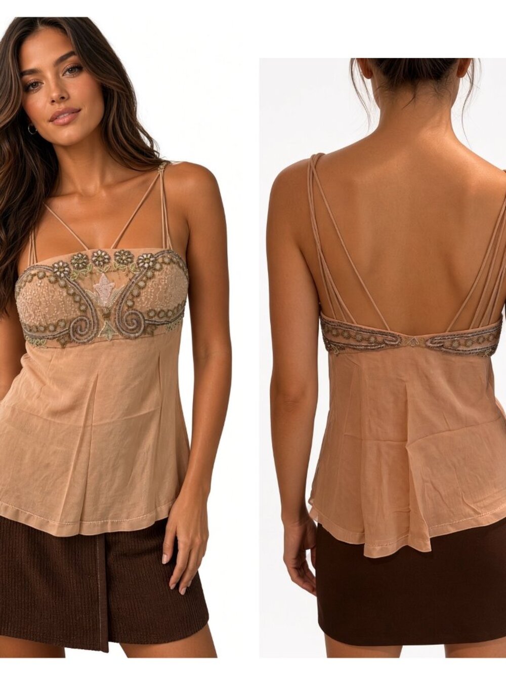 Sue Wong Silk Chiffon Y2K Camisole Beige Green Beaded Lace Top babydoll Deco #16